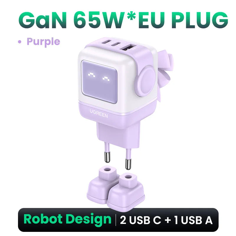 65W Gan Charger Uno Robot Design PD Fast Charger PPS PD3.0 for Iphone 16 15 14 Fast Charge for Xiaomi Laptop Macbook Pro