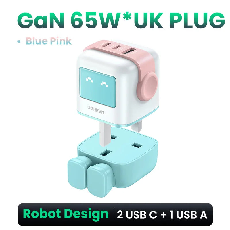 65W Gan Charger Uno Robot Design PD Fast Charger PPS PD3.0 for Iphone 16 15 14 Fast Charge for Xiaomi Laptop Macbook Pro