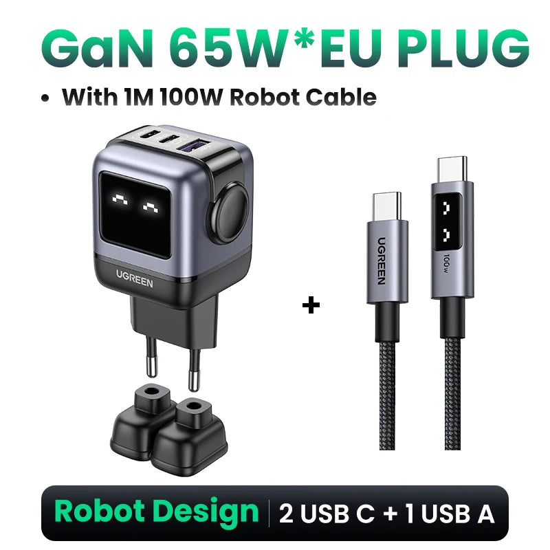 65W Gan Charger Uno Robot Design PD Fast Charger PPS PD3.0 for Iphone 16 15 14 Fast Charge for Xiaomi Laptop Macbook Pro