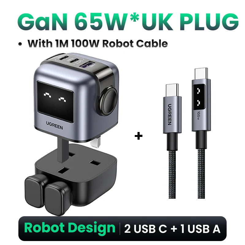 65W Gan Charger Uno Robot Design PD Fast Charger PPS PD3.0 for Iphone 16 15 14 Fast Charge for Xiaomi Laptop Macbook Pro